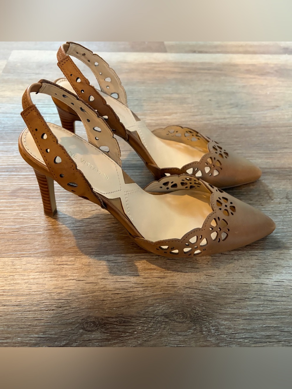 Tan Laser-Cut Slingback Heels